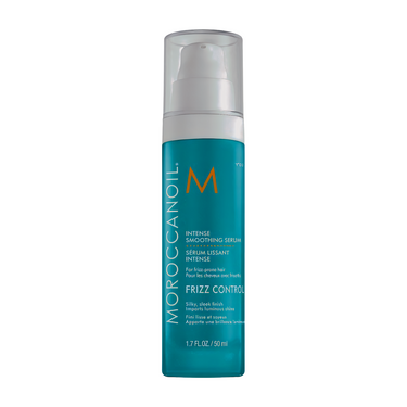 Blue and white 1.7 oz (50 ml) bottle with pump dispenser labeled for frizz control: Moroccanoil Blow Dry Concentrate.